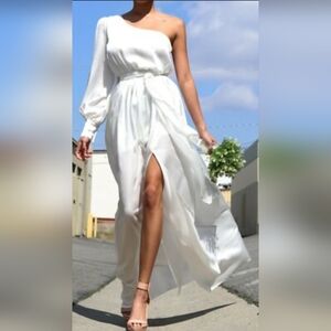 Dress Day Satin One-Shoulder Belted Wedding Guest Cocktail Holiday Maxi Dress